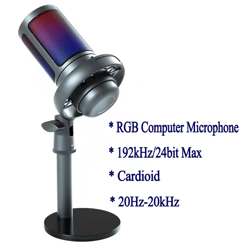 Professional USB Microphone for PC and Mac Recording and Streaming with Headphone Output and Touch-Mute Button, RGB Hypercardioid Design