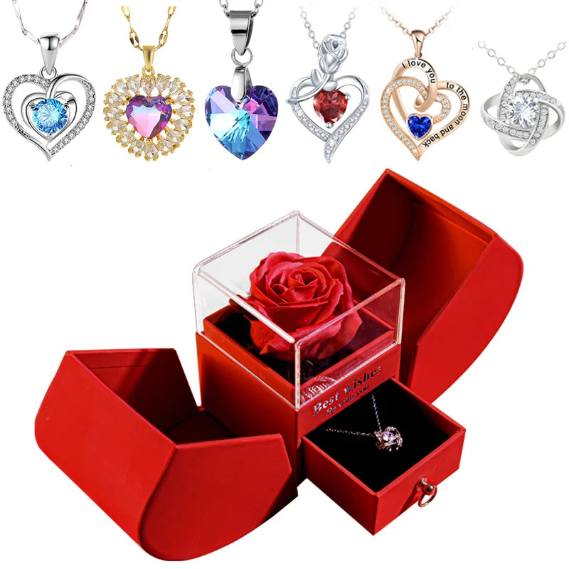 Eternal Rose Gift Box with Heart Necklace - "I Love You to the Moon and Back" Floral Jewelry Set for Valentine's Day and Weddings