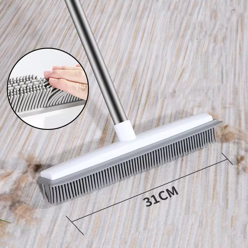 Professional Rubber Broom and Carpet Rake with Squeegee - Long Handle Pet Hair and Fur Remover for Fluff Carpets and Hardwood Floors, Scratch-Free Design