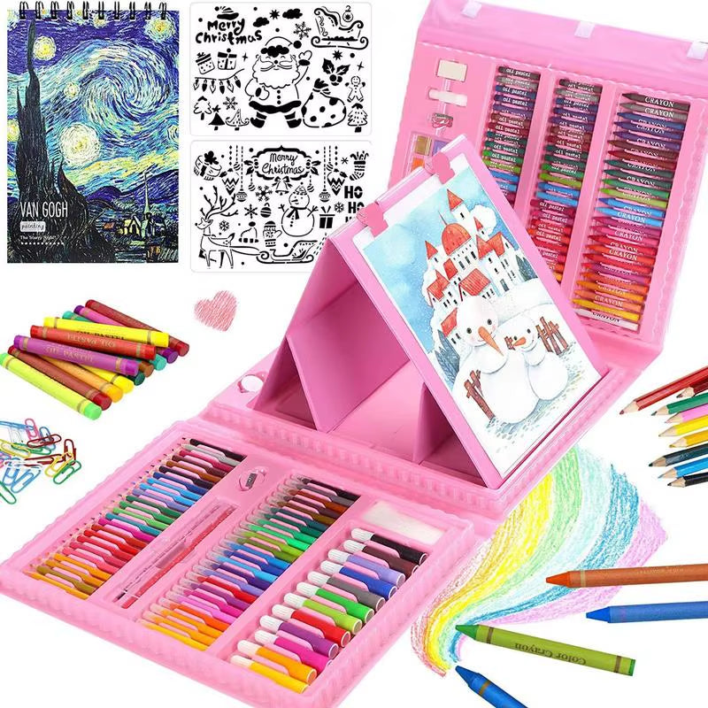 Comprehensive 208-Piece Art Kit for Kids - Double-Sided Trifold Easel with Oil Pastels, Crayons, and More