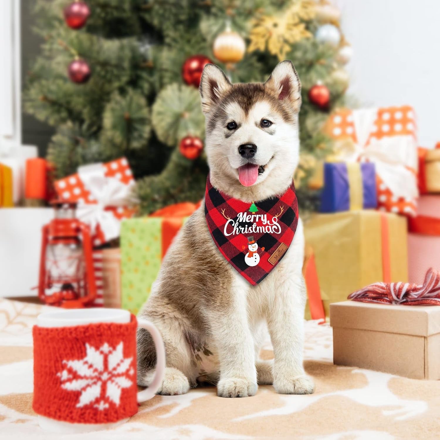 Green plaid Merry Christmas dog bandana for large pets.