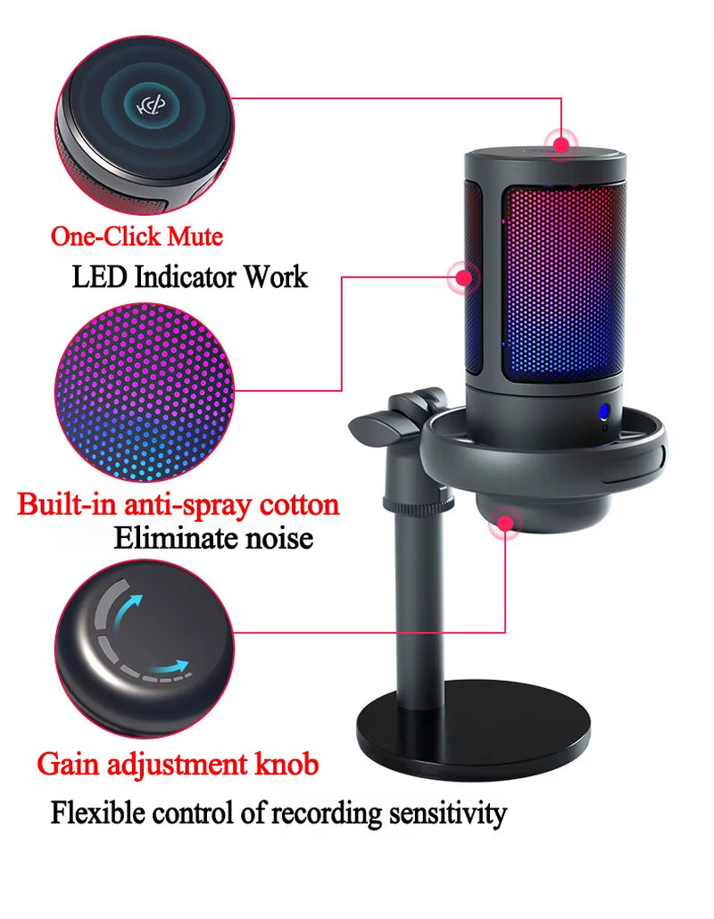 Professional USB Microphone for PC and Mac Recording and Streaming with Headphone Output and Touch-Mute Button, RGB Hypercardioid Design