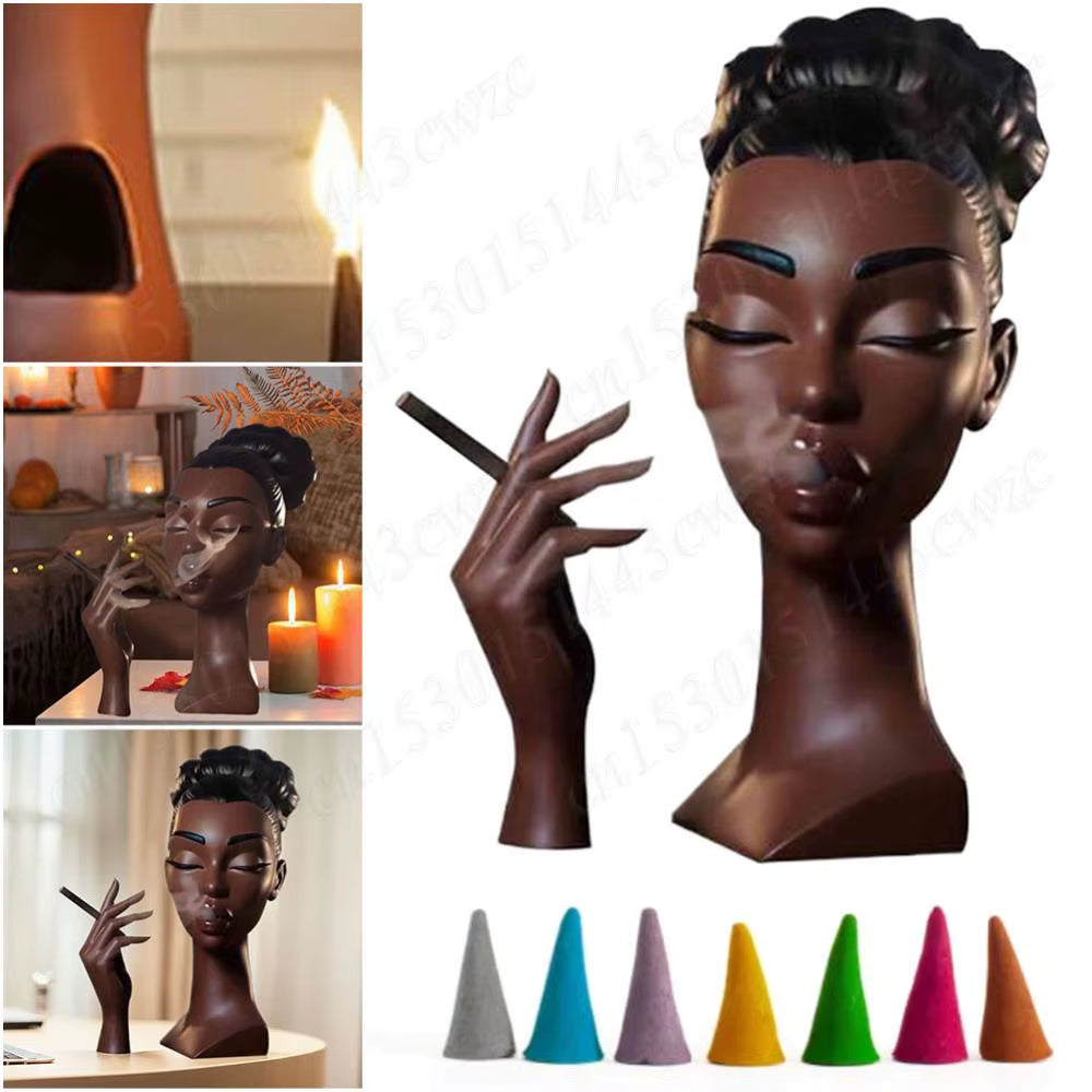 Elegant Black Women Face Resin Incense Burner - Headscents Incense Censer for Bedroom and Office