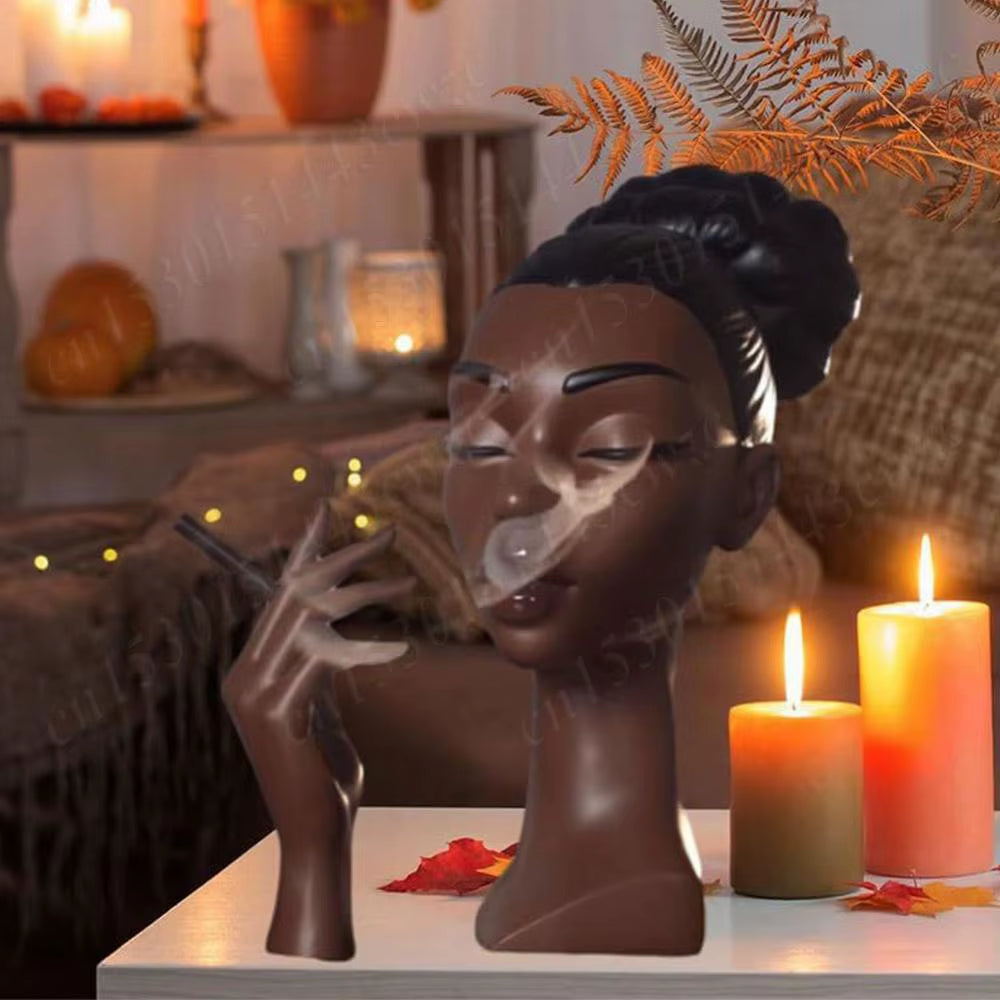 Elegant Black Women Face Resin Incense Burner - Headscents Incense Censer for Bedroom and Office