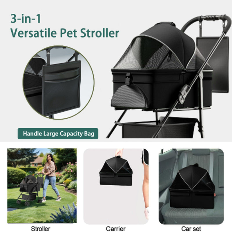 Premium 2-in-1 Folding Dog Stroller with Removable Travel Carrier for Small to Medium Pets - Waterproof Pad, Car Seat Feature, and Sun Shade - Perfect Holiday Gift