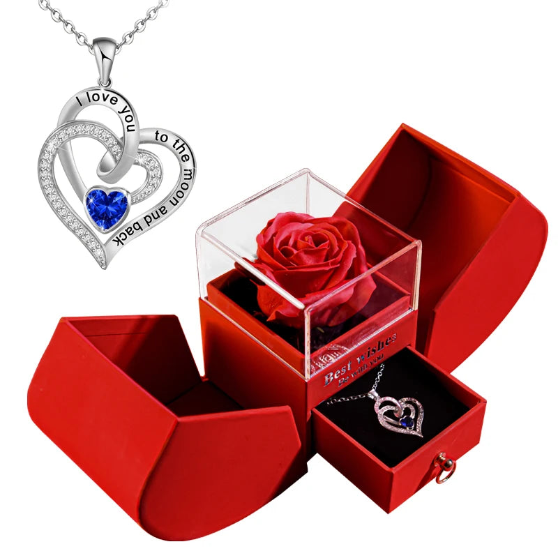 Eternal Rose Gift Box with Heart Necklace - "I Love You to the Moon and Back" Floral Jewelry Set for Valentine's Day and Weddings