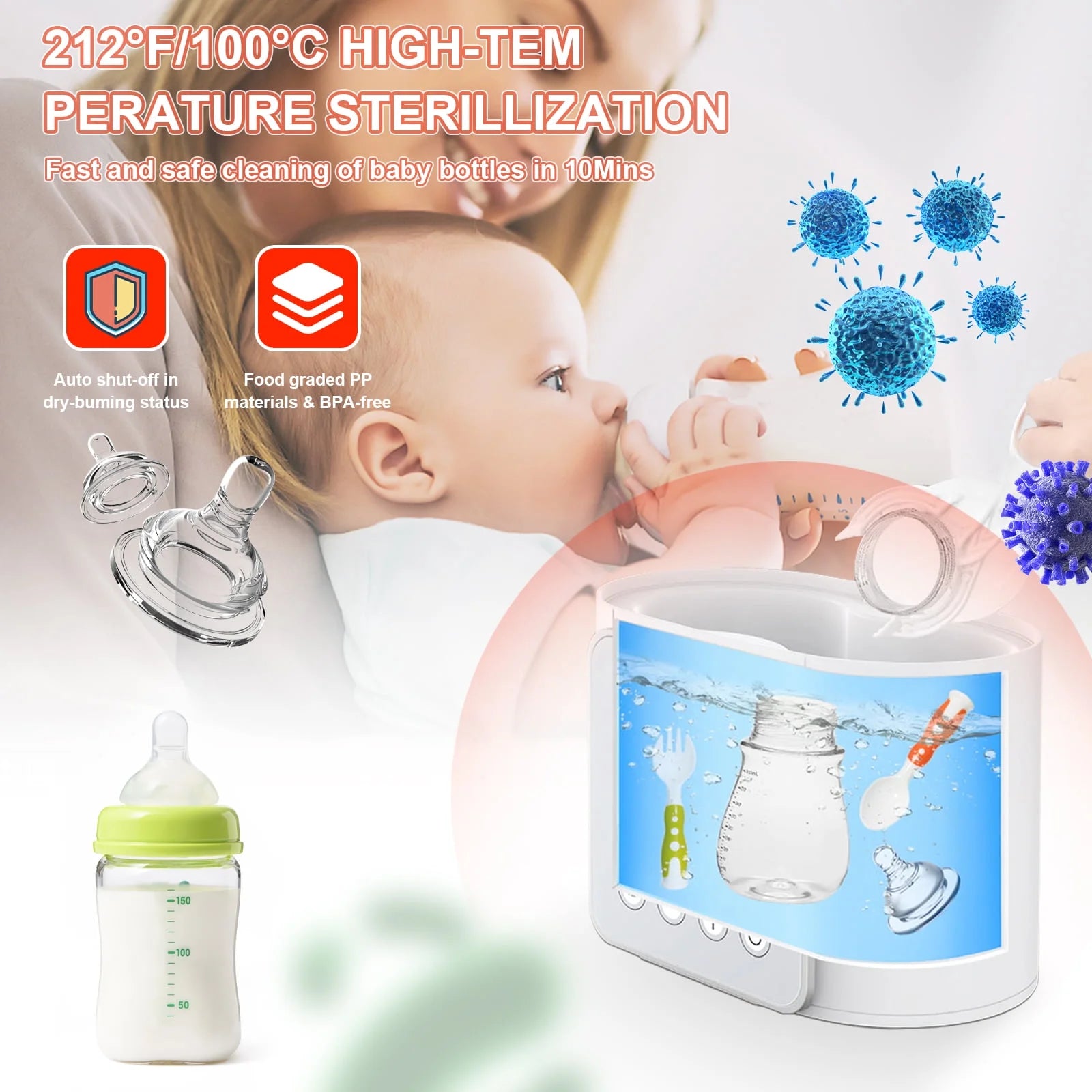 Baby , 9-In-1 Portable , Baby Bottle Sterilizer, Double Bottle Breast Milk Warmer with LCD Display, Timer & 24H Temperature Control