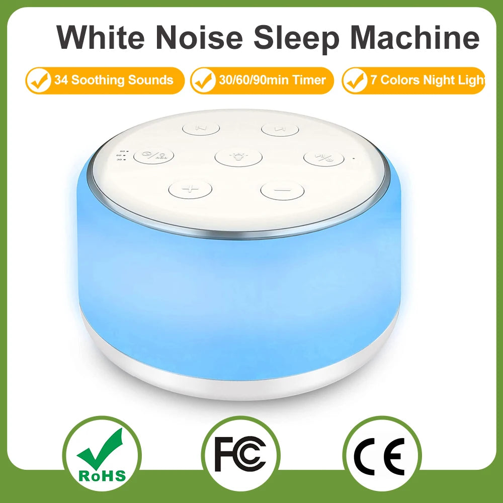 Premium White Noise Machine: Enhance Your Baby's Sleep with 34 Calming Sounds, 7 Adjustable Night Lights, and Smart Timer Function