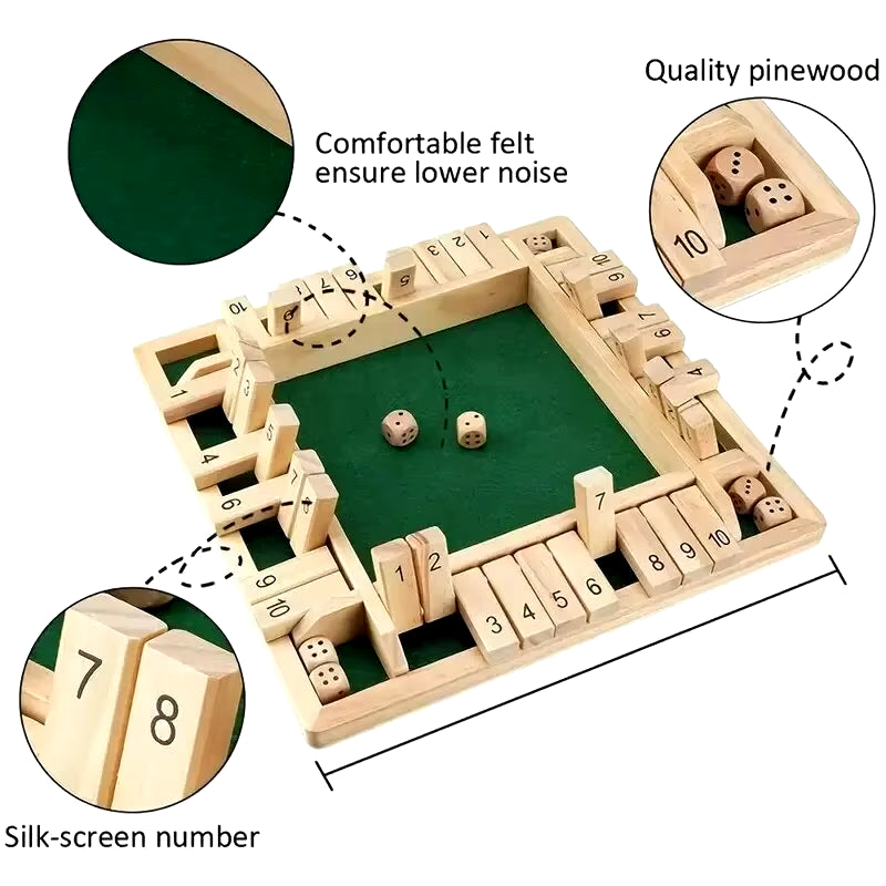 Deluxe Four-Sided Shut the Box Board Game Set with Dice for Adults and Families