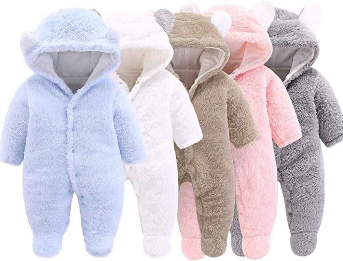 Charming Unisex Baby Winter Snowsuit - Adorable Infant Jumpsuit with Bear Hat for Cozy Comfort