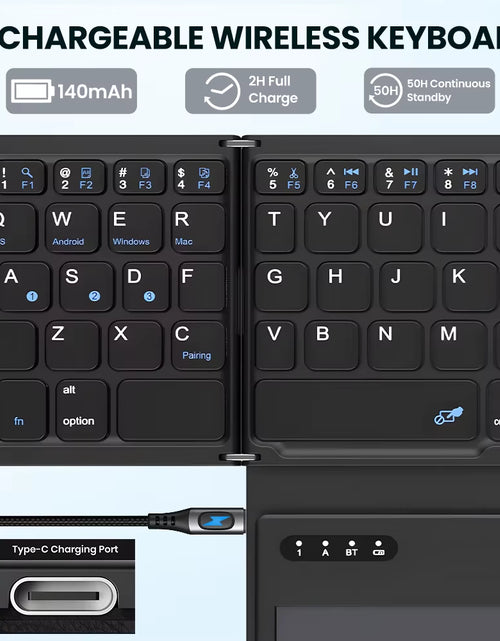 Load image into Gallery viewer, Portable Quadruple-Folding Wireless Bluetooth Keyboard with Integrated Touchpad for Windows, Android, iOS Tablets, iPads, and Smartphones
