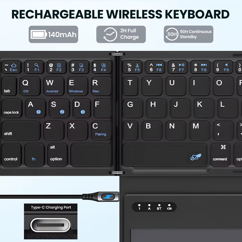 Portable Quadruple-Folding Wireless Bluetooth Keyboard with Integrated Touchpad for Windows, Android, iOS Tablets, iPads, and Smartphones