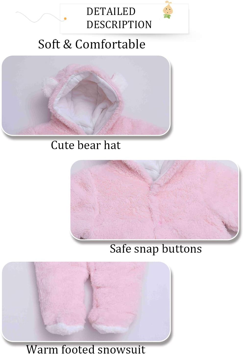 Charming Unisex Baby Winter Snowsuit - Adorable Infant Jumpsuit with Bear Hat for Cozy Comfort