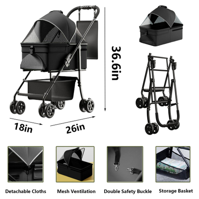 Premium 2-in-1 Folding Dog Stroller with Removable Travel Carrier for Small to Medium Pets - Waterproof Pad, Car Seat Feature, and Sun Shade - Perfect Holiday Gift