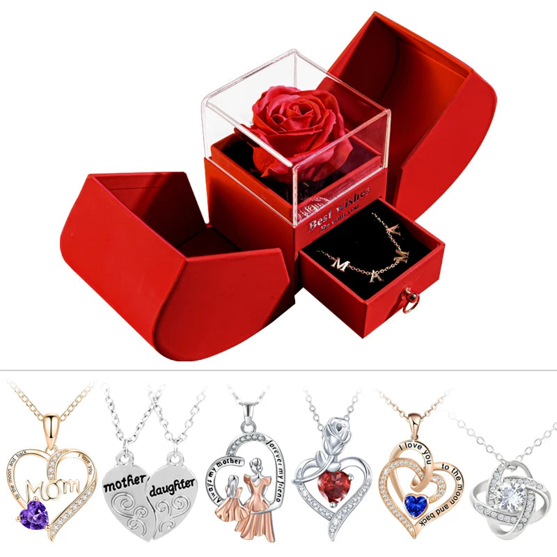 Eternal Rose Gift Box with Heart Necklace - "I Love You to the Moon and Back" Floral Jewelry Set for Valentine's Day and Weddings