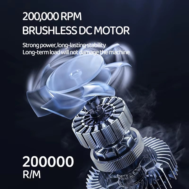 Close-up of AirBoost Pro brushless motor with 200,000 RPM.