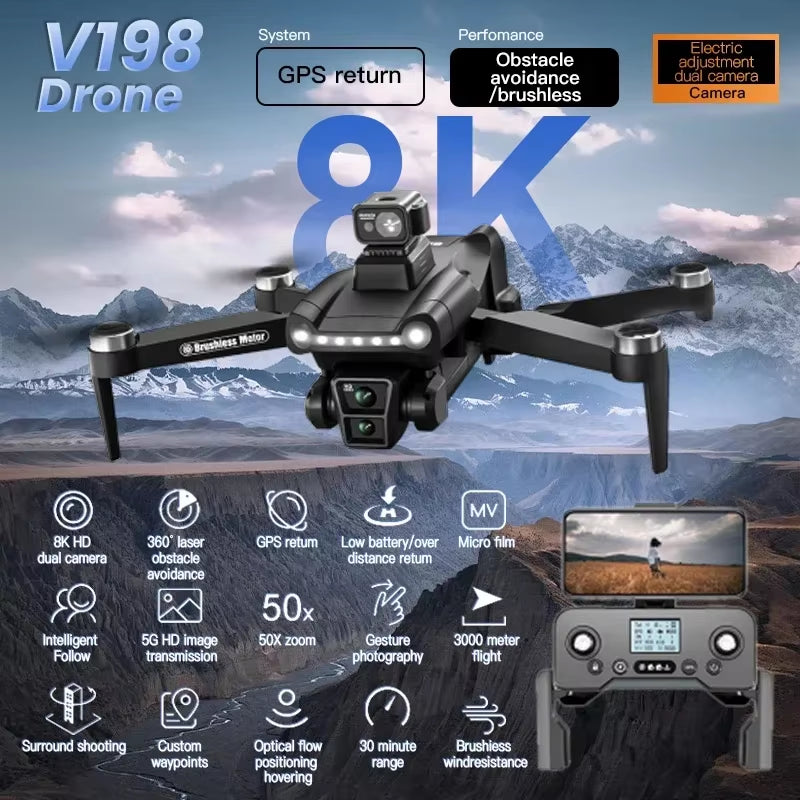 V198GPS Professional 8K Brushless Quadcopter with Laser Obstacle Avoidance and Compact Foldable Design