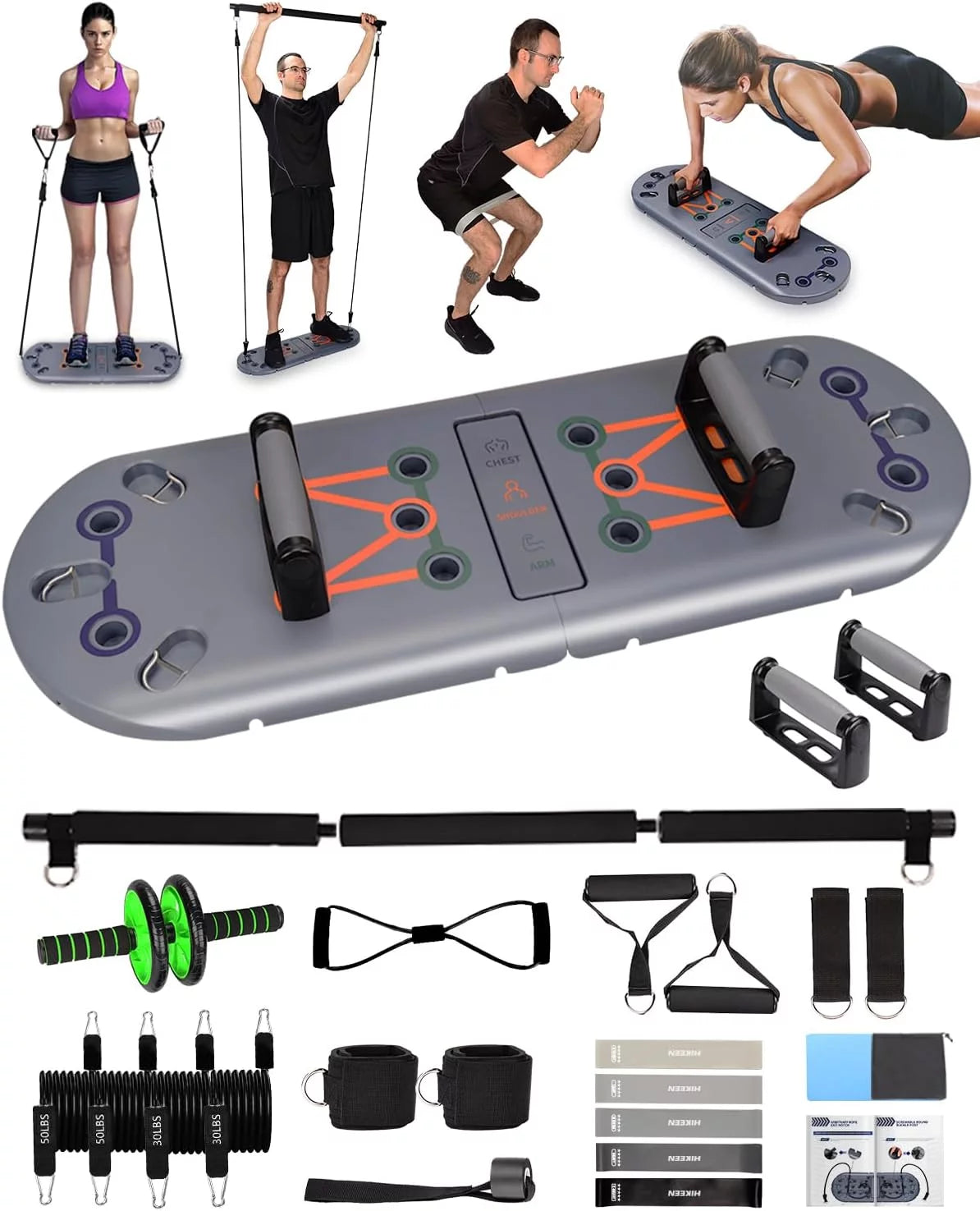 27-In-1 Portable Gym Equipment for Building Muscle, Push-Up Board, Resistance Bands
27-in-1 portable gym equipment with push-up board and resistance bands.