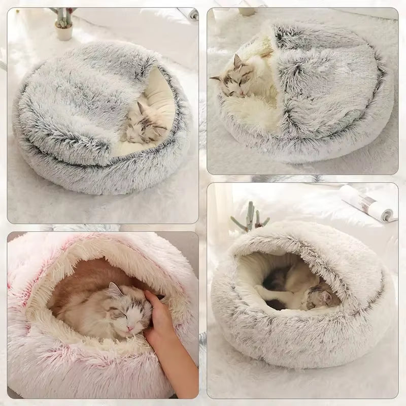 Round Plush Cat Bed with Cover - Cozy Sleeping Nest for Small Dogs and Kittens