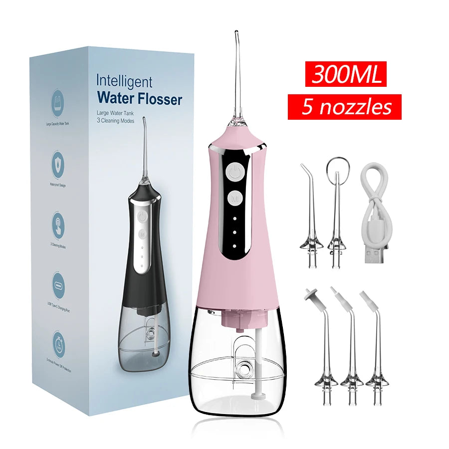 Dental Oral Irrigator Water Flosser with 5 Nozzles, 3 Modes, USB Rechargeable, 300ml Tank