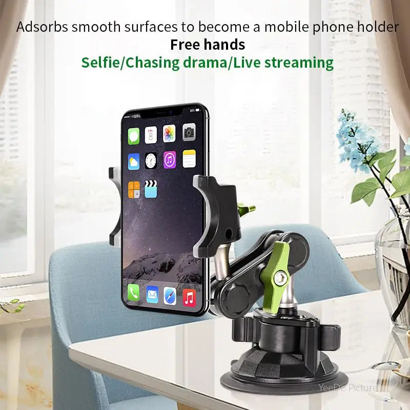 Universal Metal Phone Clamp Holder with 360° Rotating Suction Cup Mount for iPhone, Samsung, and Xiaomi