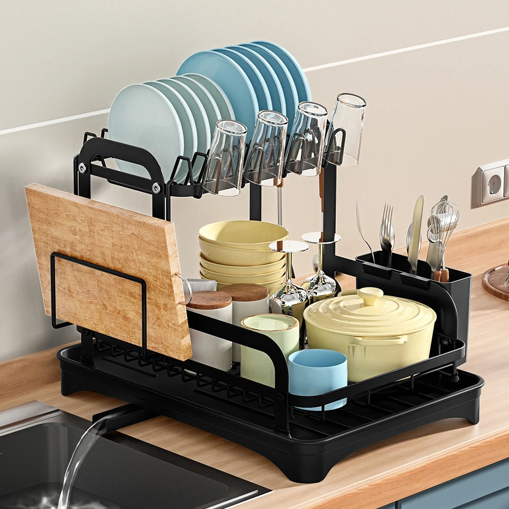 2-tier kitchen dish drying rack with drain basket