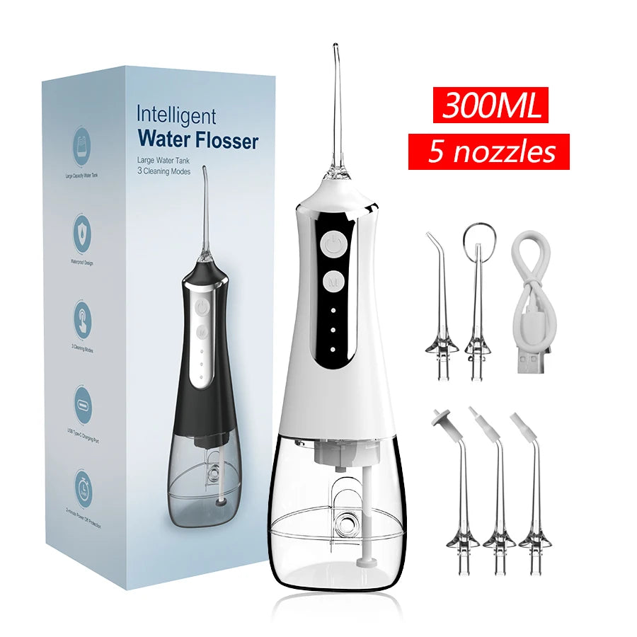 Dental Oral Irrigator Water Flosser with 5 Nozzles, 3 Modes, USB Rechargeable, 300ml Tank