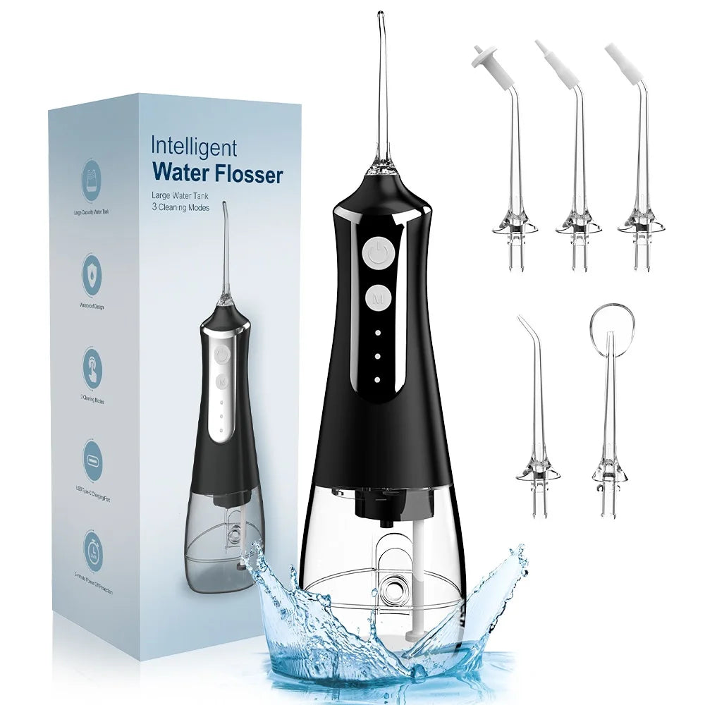 Dental Oral Irrigator Water Flosser with 5 Nozzles, 3 Modes, USB Rechargeable, 300ml Tank