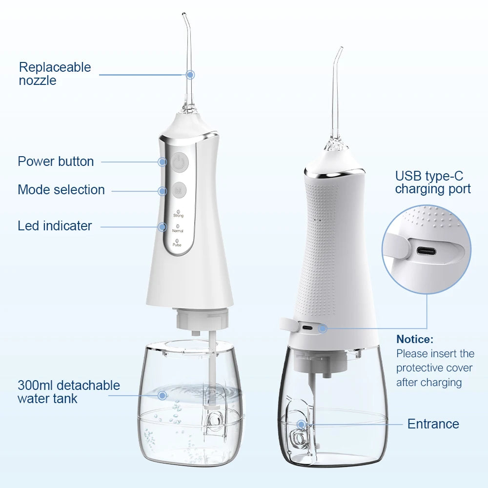 Dental Oral Irrigator Water Flosser with 5 Nozzles, 3 Modes, USB Rechargeable, 300ml Tank