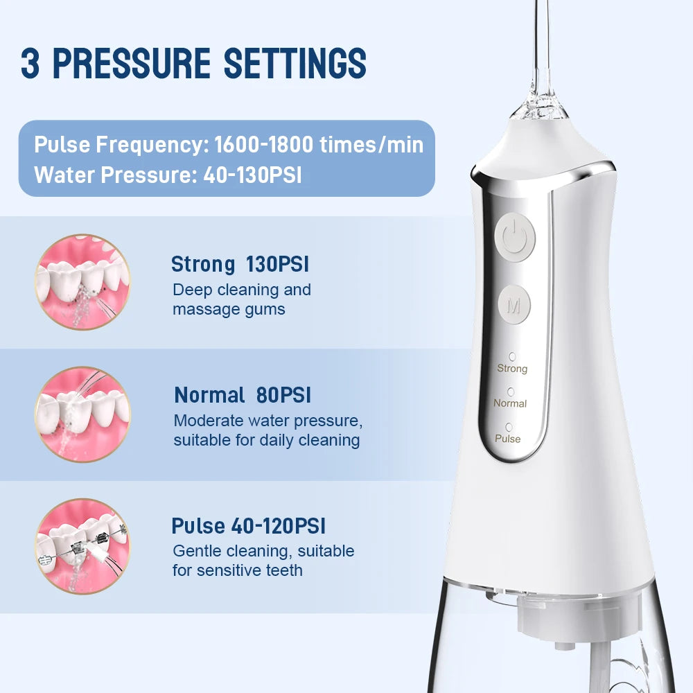 Dental Oral Irrigator Water Flosser with 5 Nozzles, 3 Modes, USB Rechargeable, 300ml Tank