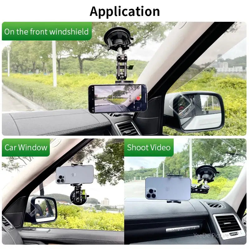 Universal Metal Phone Clamp Holder with 360° Rotating Suction Cup Mount for iPhone, Samsung, and Xiaomi