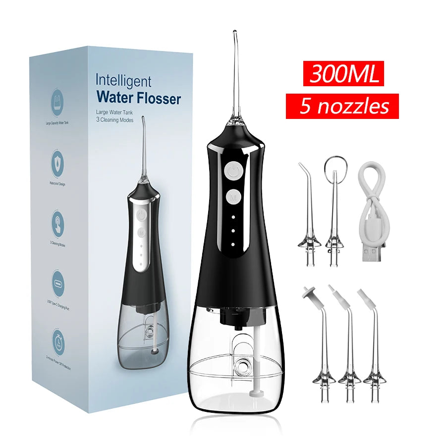 Dental Oral Irrigator Water Flosser with 5 Nozzles, 3 Modes, USB Rechargeable, 300ml Tank