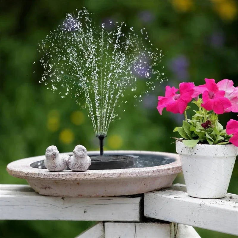 Solar-powered fountain with birds bathing
