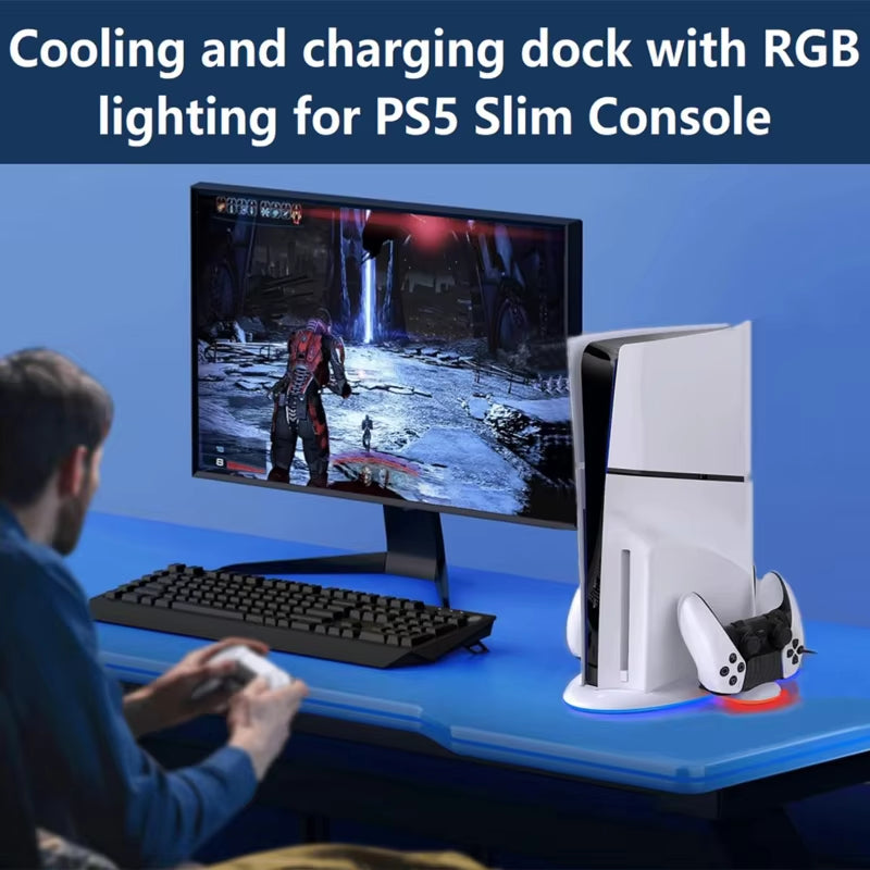 PS5 Slim Vertical Cooling Dock with 3-Level Fan and Dual Controller Charging Station