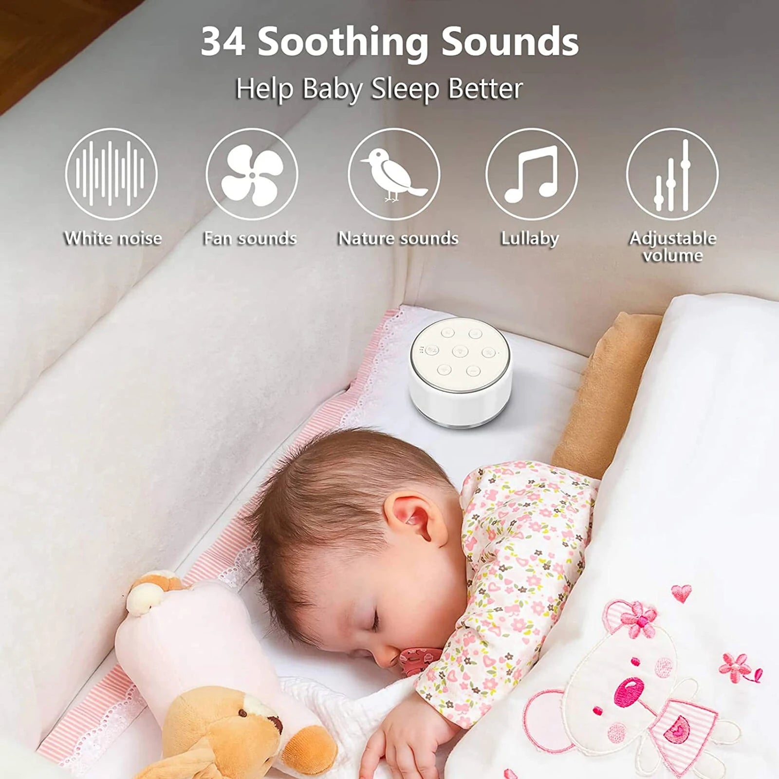 Premium White Noise Machine: Enhance Your Baby's Sleep with 34 Calming Sounds, 7 Adjustable Night Lights, and Smart Timer Function