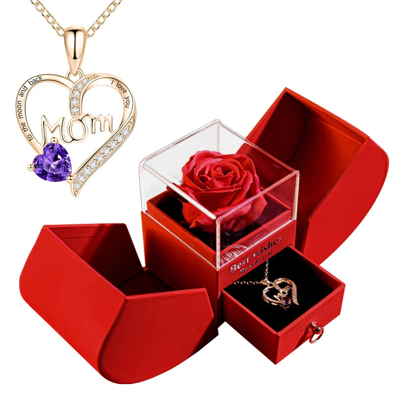 Eternal Rose Gift Box with Heart Necklace - "I Love You to the Moon and Back" Floral Jewelry Set for Valentine's Day and Weddings