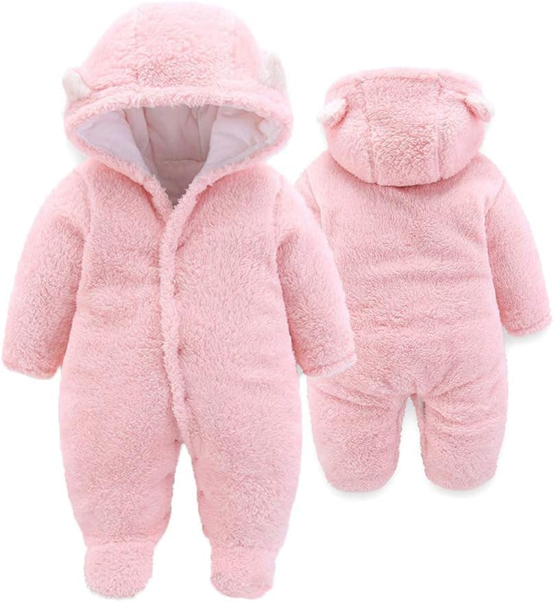 Charming Unisex Baby Winter Snowsuit - Adorable Infant Jumpsuit with Bear Hat for Cozy Comfort