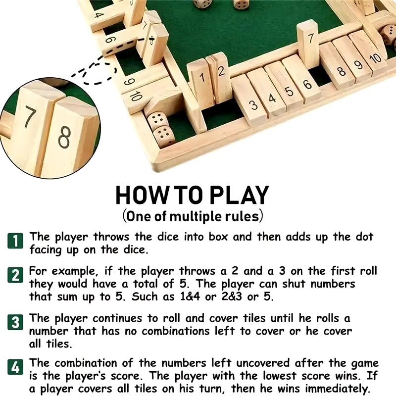 Deluxe Four-Sided Shut the Box Board Game Set with Dice for Adults and Families