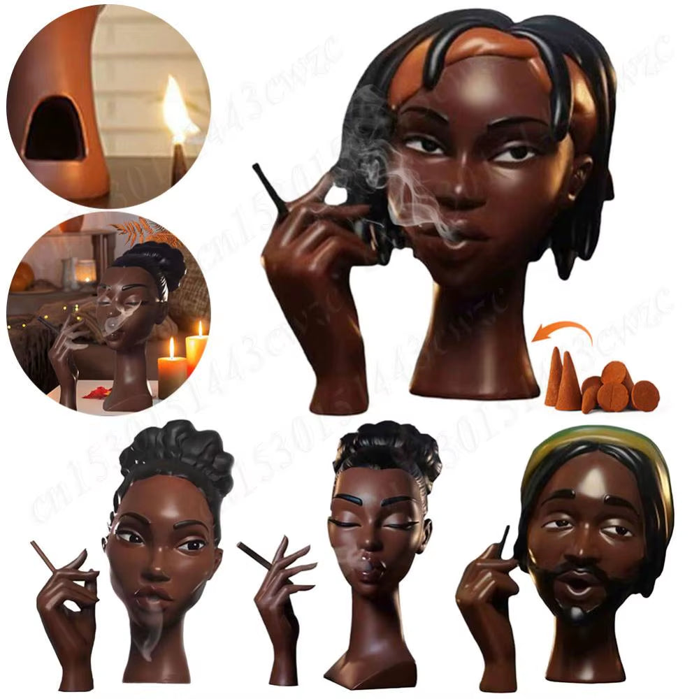 Elegant Black Women Face Resin Incense Burner - Headscents Incense Censer for Bedroom and Office