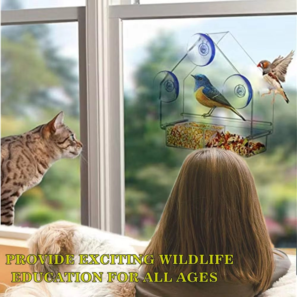 Transparent Window Wild Bird Feeder House with Removable Suction Cups and Sliding Feed Tray for Garden and Patio