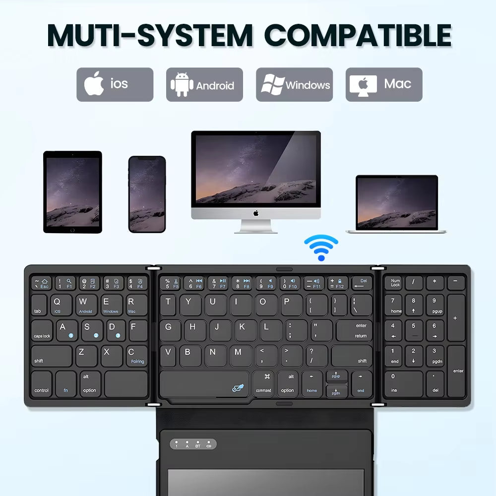 Portable Quadruple-Folding Wireless Bluetooth Keyboard with Integrated Touchpad for Windows, Android, iOS Tablets, iPads, and Smartphones