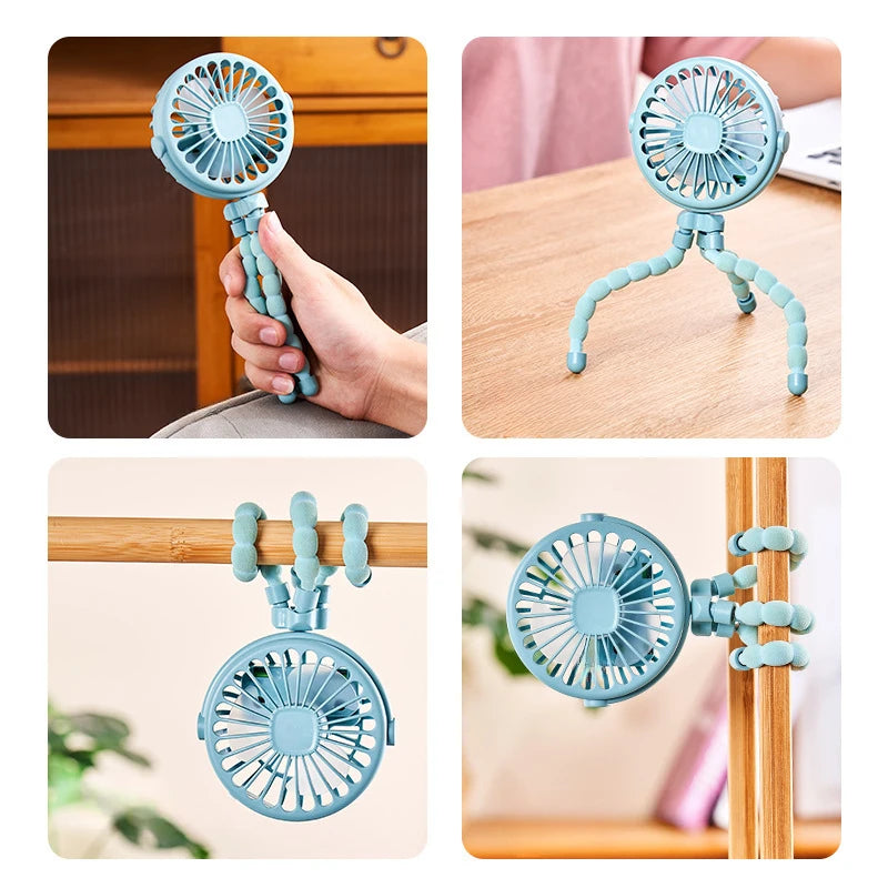 Versatile Clip-On Stroller Fan with Flexible Tripod - Rechargeable Battery Operated Personal Fan for Travel and Home Use