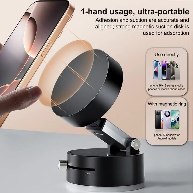 Foldable Car Mount with Vacuum Suction Cup and Double-Sided Magnetic Holder for Navigation and Phone Use