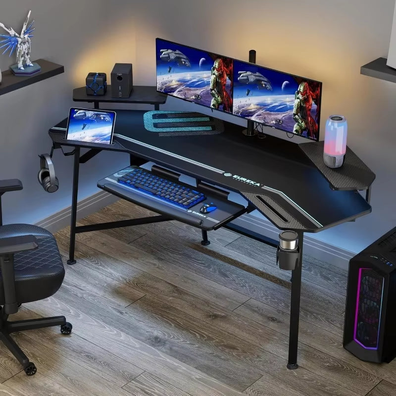 72" Large Wing-Shaped Gaming Desk with LED Lighting, Keyboard Tray, and Dual Monitor Stand
