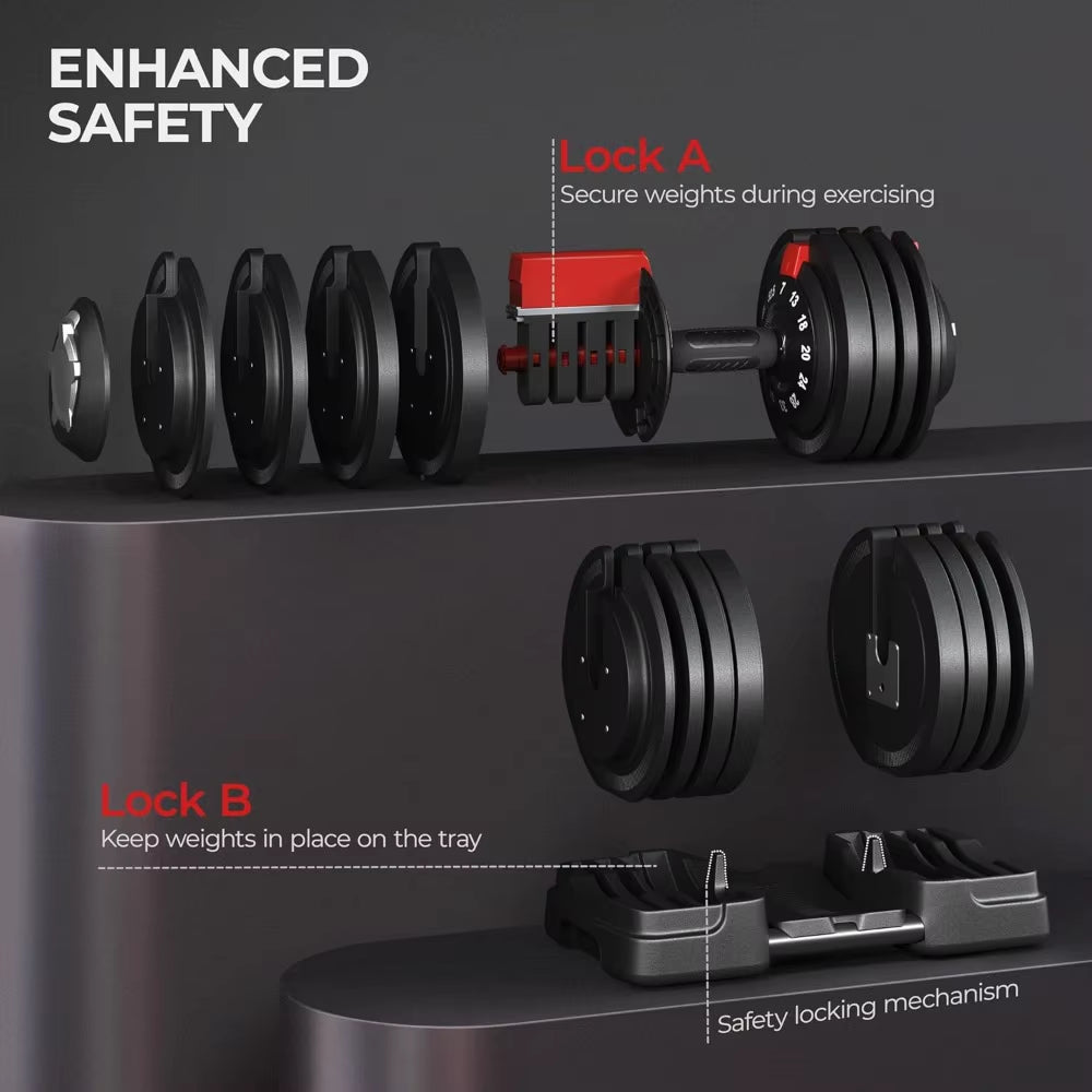 Adjustable Dumbbell Set with Quick-Adjust Mechanism, Anti-Slip Handles, and Storage Tray