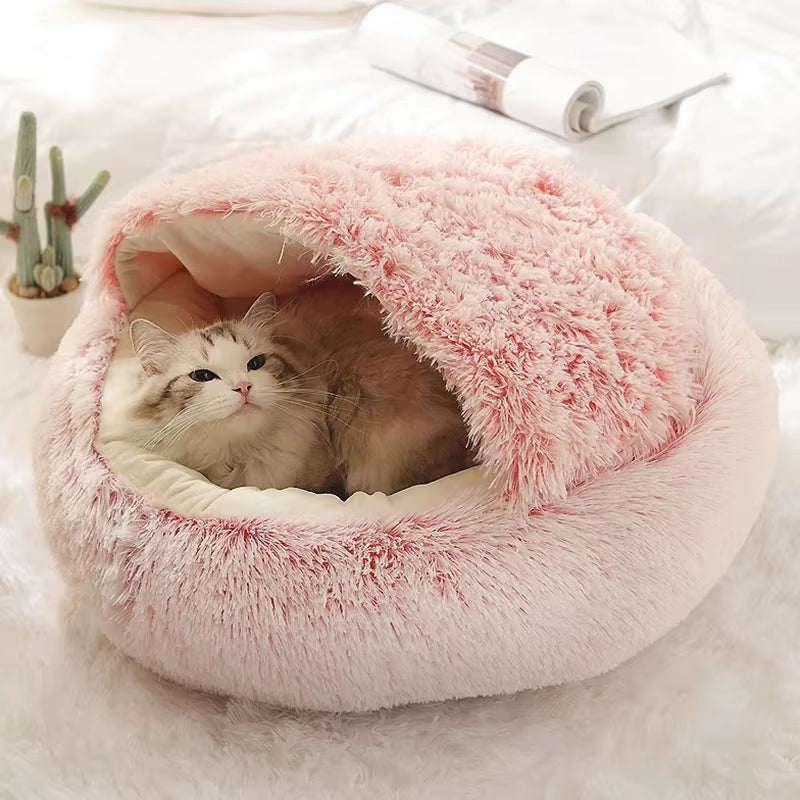 Round Plush Cat Bed with Cover - Cozy Sleeping Nest for Small Dogs and Kittens