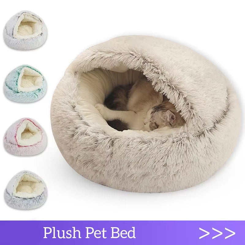 Round Plush Cat Bed with Cover - Cozy Sleeping Nest for Small Dogs and Kittens