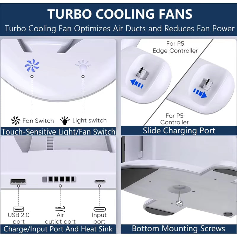 PS5 Slim Vertical Cooling Dock with 3-Level Fan and Dual Controller Charging Station