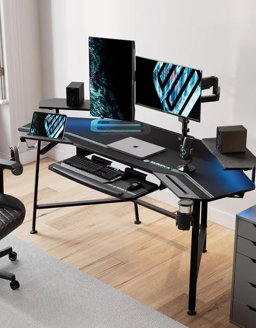 Load image into Gallery viewer, 72&quot; Large Wing-Shaped Gaming Desk with LED Lighting, Keyboard Tray, and Dual Monitor Stand
72&quot; Wing-Shaped Gaming Desk with LED Lighting
