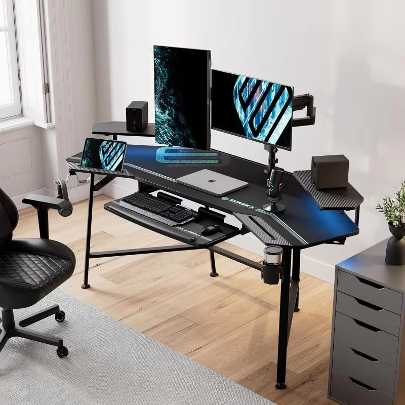 72" Large Wing-Shaped Gaming Desk with LED Lighting, Keyboard Tray, and Dual Monitor Stand
72" Wing-Shaped Gaming Desk with LED Lighting